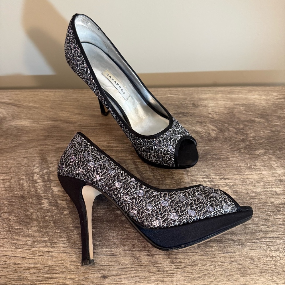Caparros Peep Toe Formal Platform High Heels Shoes Silver Black Sparkle Size 6